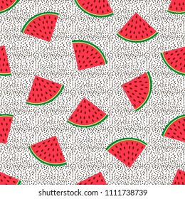 Seamless pattern with colorful watermelons slices and black dots . Vector illustration