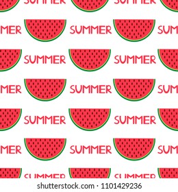 Seamless pattern with colorful watermelons and words summer. Vector illustration