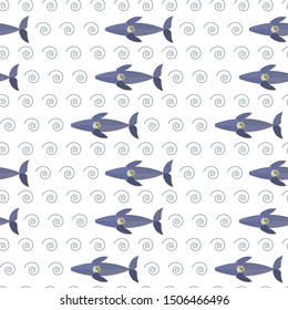Seamless pattern from colorful whale with mechanic heart on white background. Low poly imitation, can be printed on textile, wallpaper, wrapping paper, greeting cards, wedding decoration, etc. Vector