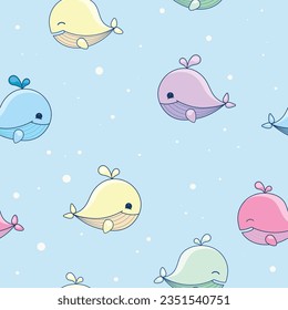Seamless pattern with colorful whales. Vector children's pattern on blue background with happy whales. 