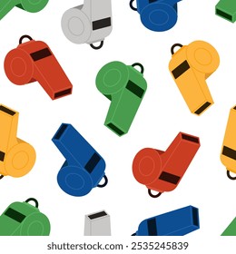 Seamless pattern with colorful whistles. Referee or trainer tool. Sport coach equipment. Vector flat background on white