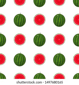 Seamless pattern with colorful whole and half of juice watermelon isolated on white background. Fresh cartoon berries. Vector illustration for design, web, wrapping paper, fabric.