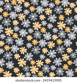 Seamless pattern colorful wild flowers. Daisies with colorful petals.