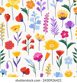 Seamless pattern with colorful wildflowers on a white background. Meadow herbs and flowers. Floral summer vector illustration. Bright spring botanical background, modern style design