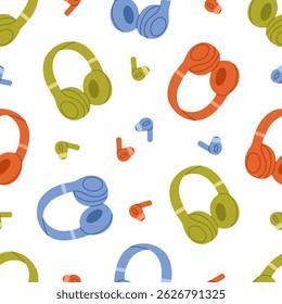 Seamless pattern with colorful wireless headphones on white background. Green, blue and orange modern earphones. Audio device. Sound headset. Electronic gadget. Vector flat illustration