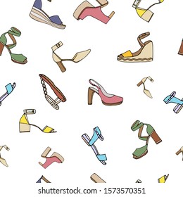 Seamless pattern with colorful women shoes on white background.  Perfect for textile fabric print, wrapping, wallpapers, etc. Hand drawn.
