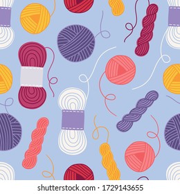 Seamless pattern with colorful wool yarn on light blue background. Perfect for handmade work, knitting, wallpaper, gift paper, textile, texture. Vector illustration