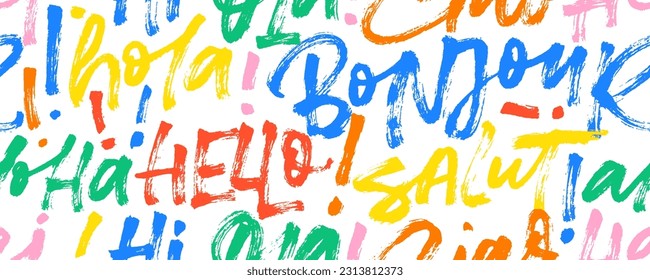 Seamless pattern with colorful words hello in different languages. Brush drawn modern multi colored vector calligraphy background. Hello in French, English, Italian, Hawaiian and Spain languages.