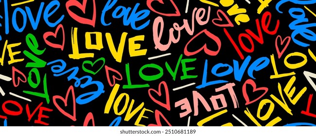 Seamless pattern with colorful words love and hearts. Ink illustration, dry brush rough edges. Handwritten lettering vector. Typographic style ornament for  greeting card, wrapping paper