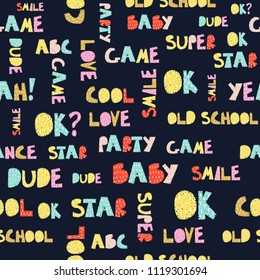 Seamless pattern with colorful words. Vector hand drawn illustration.