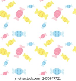 Seamless pattern of colorful wrapped candies on a white background.