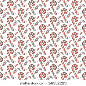Seamless pattern colorful wrapped candy and lollipops vector illustration. Festive background with sweets. Hand drawn Doodle sketch. For textile, fabric, packaging material