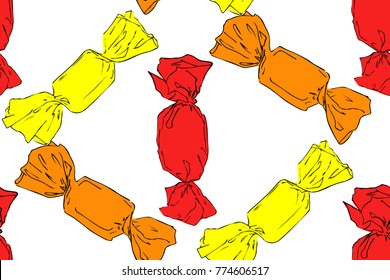 Seamless pattern of colorful wrapped chocolates over white background. Vector illustration