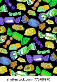 Seamless pattern of colorful wrapped chocolates and  sliced chocolate candy stuffedon on a black background. Vector illustration