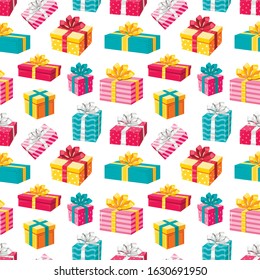 Seamless pattern of colorful wrapped gift boxes. A bunch of gifts. Decorated with ribbon and bows. Surprise. Vector illustration in cartoon style isolated on white. Bright background for print.