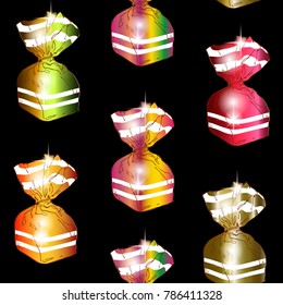Seamless pattern of colorful wrapped sweets on a black background. Vector illustration
