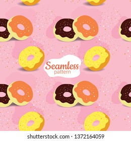 Seamless pattern of colorful yummy donuts on sweet pink background. Suitable for textile, fabric, gift-wrapped paper and printing design. very cute and lovely. 