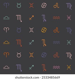 Modelo inconsútil con los signos coloridos del zodiaco en un fondo gris oscuro. Patrón de múltiples símbolos de horóscopo para proyectos de temática astrológica, estacionarios, telas, fondos digitales, etc