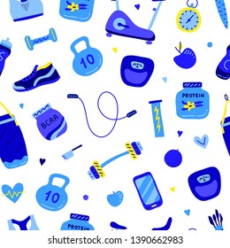 Seamless pattern with colorfuldoodle gym and fitness icons.