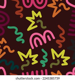 Patrón sin foco en doodle colorido abstracto en fondo marrón.
