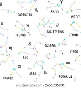 Seamless pattern with colorfull astrology zodiac constellations, moon and stars. Lettering signs. Сartoon tattoo, logo, sticker. Isolated element. Hand drawn felt-tip pen illustration.