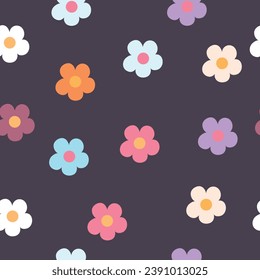 Seamless pattern with colorfull flowers on purple background. Vector illustration.