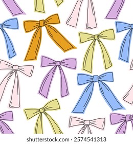 Seamless pattern with colorfull ribbon bows. Modern hand draw design for a poster, sticker, home decor, wrapping paper, gift, greetings. Fabric textile print. Art illustration. Cute female background.