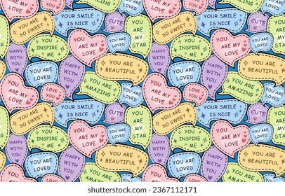 Seamless pattern with colorfull speech bubbles. Cute stickers with motivational compliment phrases, love quotes. Vector illustration for wrapping paper, decor, cards, backgrounds. Print design textile