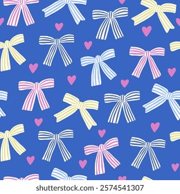 Seamless pattern with colorfull striped ribbon bows and hearts. Modern hand draw design for a poster, sticker, home decor, wrapping paper, gift, greetings. Fabric textile print. Art illustration. Cute