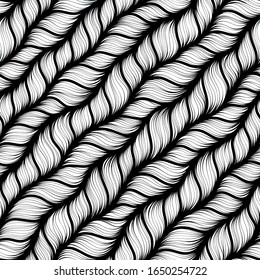 Seamless pattern for coloring book for adult. Abstract monochrome hand drawn abstract seamless pattern with wavy lines knitted warm