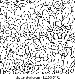 Seamless pattern for coloring book. Black and white background with floral, ethnic, hand drawn elements for design.