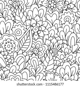 Seamless pattern for coloring book. Black and white background with floral, ethnic, hand drawn elements for design.
