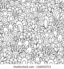Seamless pattern for coloring book. Black and white background with floral, ethnic, hand drawn elements for design.