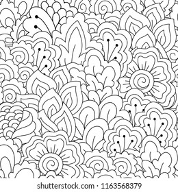 Seamless pattern for coloring book. Black and white background with floral, ethnic, hand drawn elements for design.