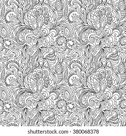Seamless pattern for coloring book.  Ethnic, floral, retro, doodle, vector, tribal design element. Black and white  background. Good for coloring book for adult and older children. Coloring page. 
