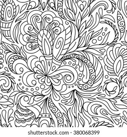 Seamless pattern for coloring book.  Ethnic, floral, retro, doodle, vector, tribal design element. Black and white  background. Good for coloring book for adult and older children. Coloring page. 