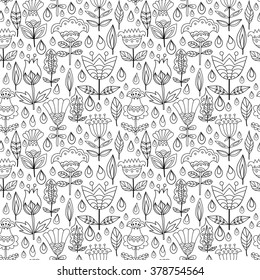 Seamless pattern for coloring book. Floral, retro, doodle, vector design element. Black and white background.