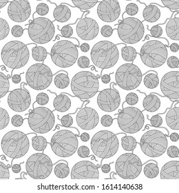 Seamless pattern for coloring book. Hand-drawn decorative elements in vector. Black and white. Vector illustration outline drawing yarn balls. Zentangle.