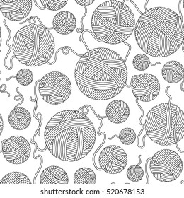 Seamless pattern for coloring book. Hand-drawn decorative elements in vector. Black and white. Vector illustration outline drawing yarn balls. Zentangle.