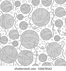 Seamless pattern for coloring book. Hand-drawn decorative elements in vector. Black and white. Vector illustration outline drawing yarn balls. Zentangle.