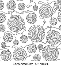 Seamless pattern for coloring book. Hand-drawn decorative elements in vector. Black and white. Vector illustration outline drawing yarn balls. Zentangle.