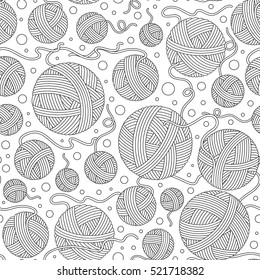 Seamless pattern for coloring book. Hand-drawn decorative elements in vector. Black and white. Vector illustration outline drawing yarn balls. Zentangle.