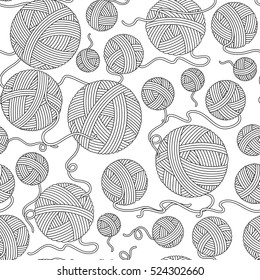 Seamless pattern for coloring book. Hand-drawn decorative elements in vector. Black and white. Vector illustration outline drawing yarn balls. Zentangle.