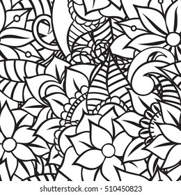 Seamless pattern for coloring book. Leaves. Ethnic, floral, retro, doodle, tribal design element. Black and white background. Zentangle patterns.