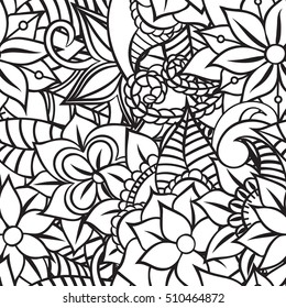 Seamless pattern for coloring book. Leaves. Ethnic, floral, retro, doodle, tribal design element. Black and white background. Zentangle patterns.