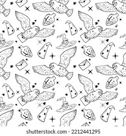 Seamless pattern for coloring book with owls and envelops. Witch school concept.