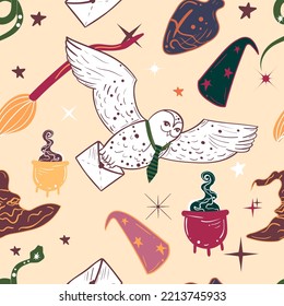 Seamless pattern for coloring book with owls and envelops. Witch school concept.