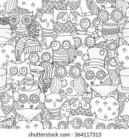 Seamless pattern for coloring book. Owls. Black and white  background. Artistically drawn, zentangle, stylized, feathers