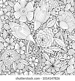 Seamless pattern. Coloring book page with different little flowers and leaf in zentangle style. Black and white vector illustration. Doodle, hand drawn, zen art, anti stress.