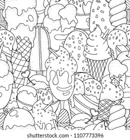 Seamless pattern. Coloring book page. Set of vector sketches: ice cream in wafer cone and bowl, frozen creamy desserts, eskimo in chocolate glaze, fruit ice.
